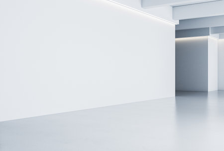 Empty modern gallery room with blank white walls, smooth polished floor, illuminated by soft light, perfect for design mockups and exhibits. 3D Rendering.の写真素材