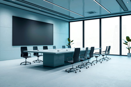 Spacious modern conference room interior with large table, black chairs, black presentation screen,...