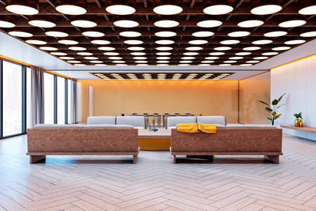 Spacious room with wooden sofas, large windows, bright lighting, orange accents, and plants. Modern interior design for offices or hotels. 3D Rendering.の写真素材