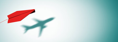 Red paper plane flying with airplane shadow on gradient background, symbolizing creativity, travel, and business concepts. 3D Rendering.の写真素材