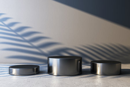 Metallic podiums of varying heights on a concrete floor, lit by soft light casting leaf shadows, in front of a plain wall backdrop. 3D Rendering.の写真素材