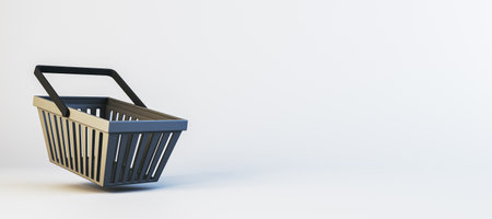 Shopping basket with black handles in a clean, minimalistic style on a white gradient background, concept for retail, branding, or mockup. 3D Rendering.の写真素材