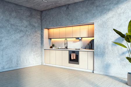 Minimalist kitchen with beige cabinets, concrete wall, wooden floor, bright sunlight, and cozy ambiance. Contemporary interior concept. 3D Rendering.の写真素材