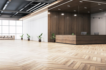 Empty reception area with a wooden desk, parquet flooring, green plants, and a clean modern design in a corporate office interior. 3D Rendering.の写真素材
