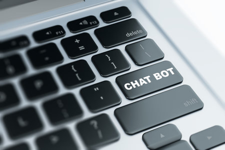 Keyboard close-up with Chat Bot key, sleek black design, white text, concept of chatbot technology, AI communication, on a neutral background. 3D Rendering.の写真素材