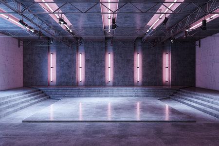 Spacious modern hall with concrete walls, neon pink lighting, and steps, showcasing an industrial interior design concept for events or exhibitions. 3D Rendering.の写真素材