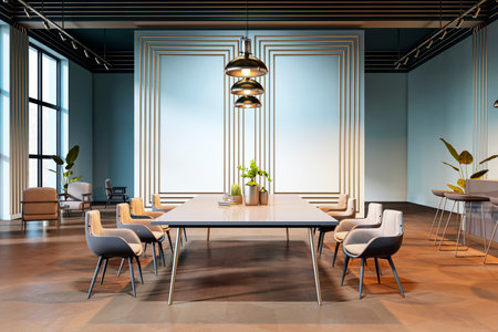 Modern coworking space with a large table, stylish chairs, minimalistic decor, and soft lighting,...