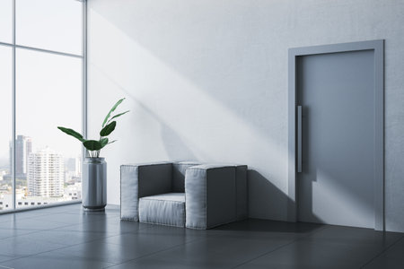 Minimalist waiting area with gray armchair, plant in pot, glass window with city view, sleek gray door, sunlight on wall, modern interior. 3D Rendering.の写真素材