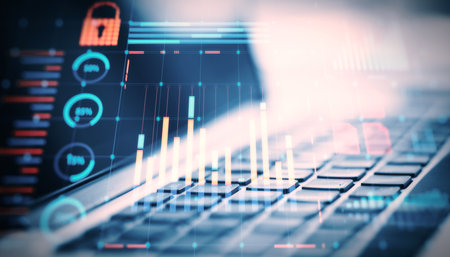 Financial graphs and charts over a blurred keyboard, glowing digital interface, dark background,...