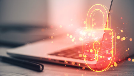 Neon orange padlock hologram over blurred laptop and desk, representing cybersecurity, data protection, and modern technology conceptsの写真素材