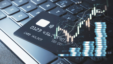Credit card with trading chart, coins, on laptop keyboard, concept of modern savings, investing, and business, 3D Renderingの写真素材
