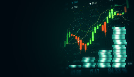 Stacked glowing coins with financial chart and candlesticks on a dark background, representing investment, business, and stock market concepts. 3D Rendering.の写真素材