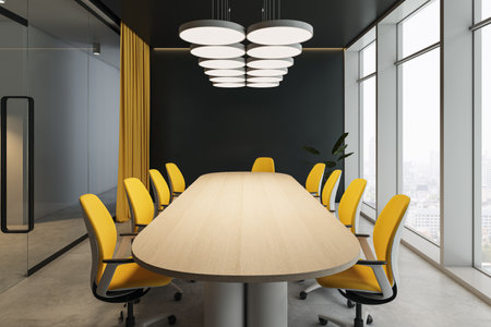 Contemporary boardroom interior with yellow chairs, wooden table, modern lighting, large windows, minimalist design, bright workplace.の写真素材