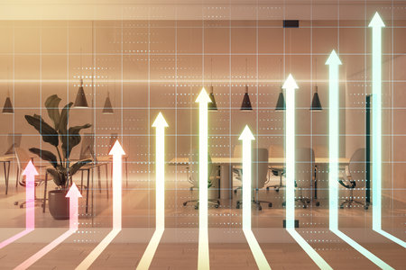 Business growth concept with arrows pointing upward, transparent grid overlay, modern office background, warm light tones, creative successの写真素材