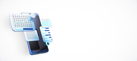 Smartphone displaying floating analytical graphics, charts, and notifications on a clean white background. Concept of digital data analysis. 3D Rendering.の写真素材