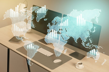 Digital world map with data bars overlaying a desk with computer, notebook, and coffee cup, light...