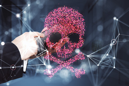 A glowing digital pink skull symbolizing hacking and malware, over a dark abstract background with connected points, highlighting cybersecurity. 3D Rendering.の写真素材