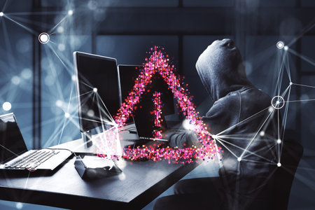 A hacker in a hoodie at a desk with computers, surrounded by digital holographic networks, and a...