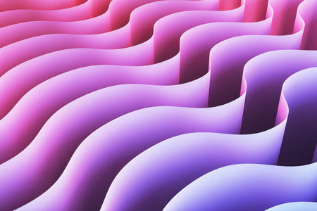 Wavy 3D abstract patterns in pink and purple gradient colors, smooth textures, illuminated by soft light, creating a serene background concept. 3D Rendering.の写真素材