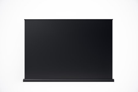 Black retractable projection screen with a minimalist design on a white background. Concept of...