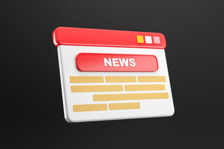 3D news button interface icon with red tab and text, yellow lines below, isolated on a dark background. Concept of online news. 3D Rendering.の写真素材