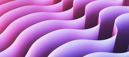 Vibrant wave-like abstract pattern with gradient light purple and pink shades, smooth curves, and soft shadows on a dark backdrop. 3D Rendering.の写真素材