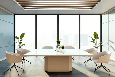 A modern conference room with beige chairs, table, and potted plants, large windows, cityscape background, and bright interior concept. 3D Renderingの写真素材