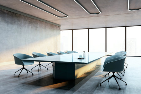 Conference room with modern table, chairs, and large windows. Minimalist interior design, concrete wall, city view, concept of office space. 3D Rendering.の写真素材