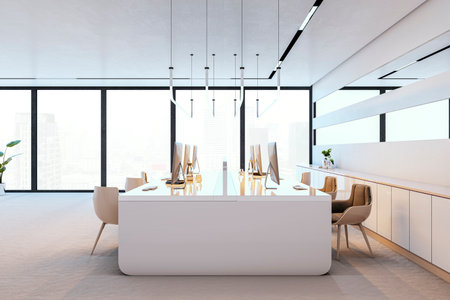 Contemporary office with large windows, stylish furniture, and city view, showcasing an executive workspace concept in natural light. 3D Rendering.の写真素材