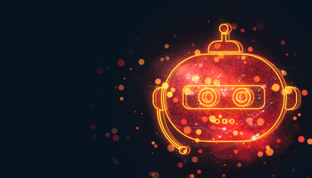 Glowing robot head symbol in neon orange with light particles on a dark background. Concept of AI, technology, futuristic design. 3D Renderingの写真素材