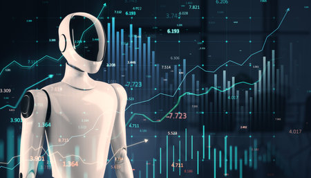 White robot with futuristic financial charts, glowing data points on a dark background. Concept of fintech, automation, and technology progress. 3D Rendering.の写真素材