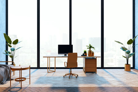 Stylish workspace with a desk, chair, and plants in a bright room with city view. Large windows, wooden details, concept of modern interior. 3D Rendering.の写真素材