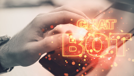 Hand holding a smartphone with glowing orange CHAT BOT text and abstract network connections on...