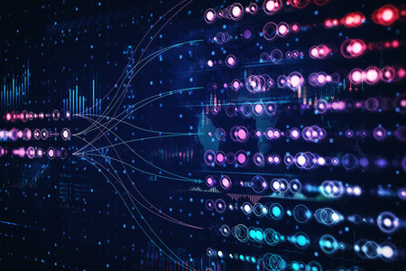 Abstract visualization of data flow with neon circles and graphs on a dark background. Concept of data, technology, and virtual networks. 3D Renderingの写真素材