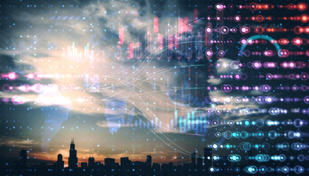 City skyline silhouette blended with abstract digital data streams, holographic highlights, and...