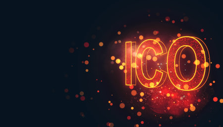 Glowing ICO text surrounded by vibrant bokeh lights on a dark background. Creative and modern concept for cryptocurrency and blockchain themes. 3D Rendering.の写真素材