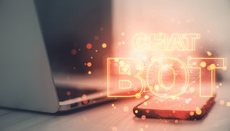 Abstract glowing Chatbot hologram over laptop and smartphone on a desk. Futuristic technology concept showcasing virtual communicationの写真素材