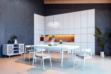 Modern kitchen with white furniture, dining set, and decorative plants on textured dark wall and...