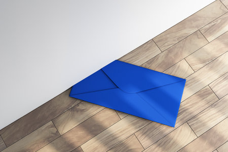 Blue envelope under a closed door on wooden floor, symbolizing mail, communication, or message...