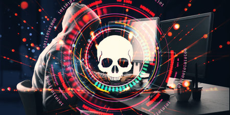 Hacker in hoodie working at computer with digital skull and binary code overlay on dark background....