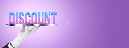 Discount word displayed on a silver tray held by a gloved hand with bubbles floating around, set against a clean purple background, symbolizing sale and promotionの写真素材