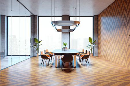 Spacious modern conference room with a wooden patterned floor, sleek furniture, large windows, and decorative plants. Bright workspace concept. 3D Rendering.の写真素材