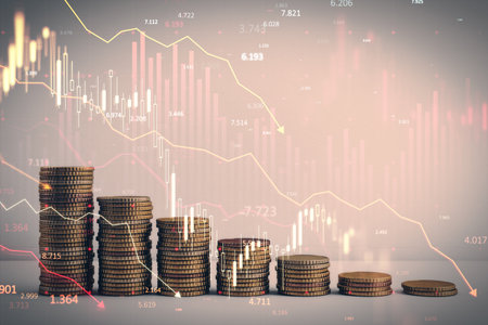 Falling stacks of coins with a downward stock market graph overlay on a light background. Concept of financial crisis, inflation, and economic collapse. 3D Renderingの写真素材