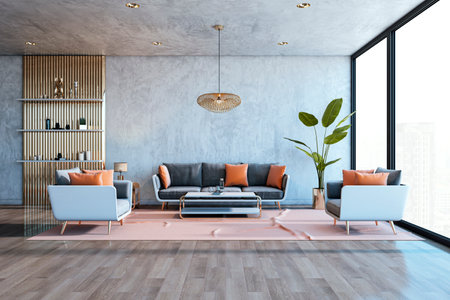 Stylish living room with modern furniture, concrete walls, wooden floor, and large windows offering...