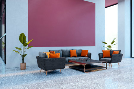 Waiting area with modern interior, dark sofa, orange cushions, clean floor, large windows, and an empty wall for display or presentation. 3D Rendering.の写真素材