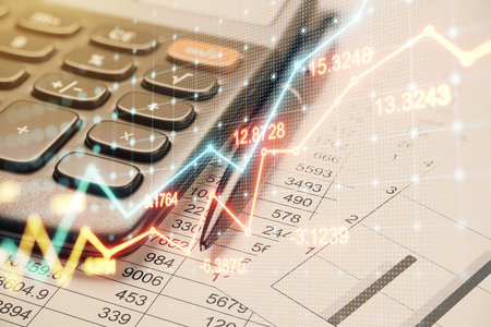 Calculator, pen, and financial spreadsheet with glowing stock market graph overlay. Light background. Concept of accounting, finance, and analysisの写真素材