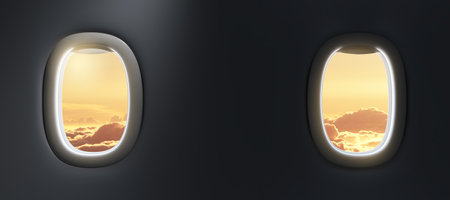 Two airplane windows with a view of a golden sunset over clouds, set in a dark aircraft interior. 3D...