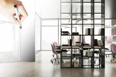 Hand drawing office interior sketch blending into a modern workspace with shelves, desks, and chairs near large windows, creating a design conceptの写真素材