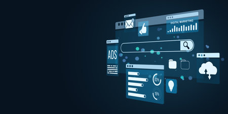 Digital marketing interface with online ads, stats, and cloud icons in holographic style on a dark background. Concept of online promotion. 3D Renderingの写真素材