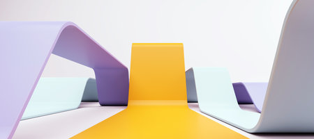 Abstract geometrical background with curved pastel and vibrant shapes on a light surface. Modern...